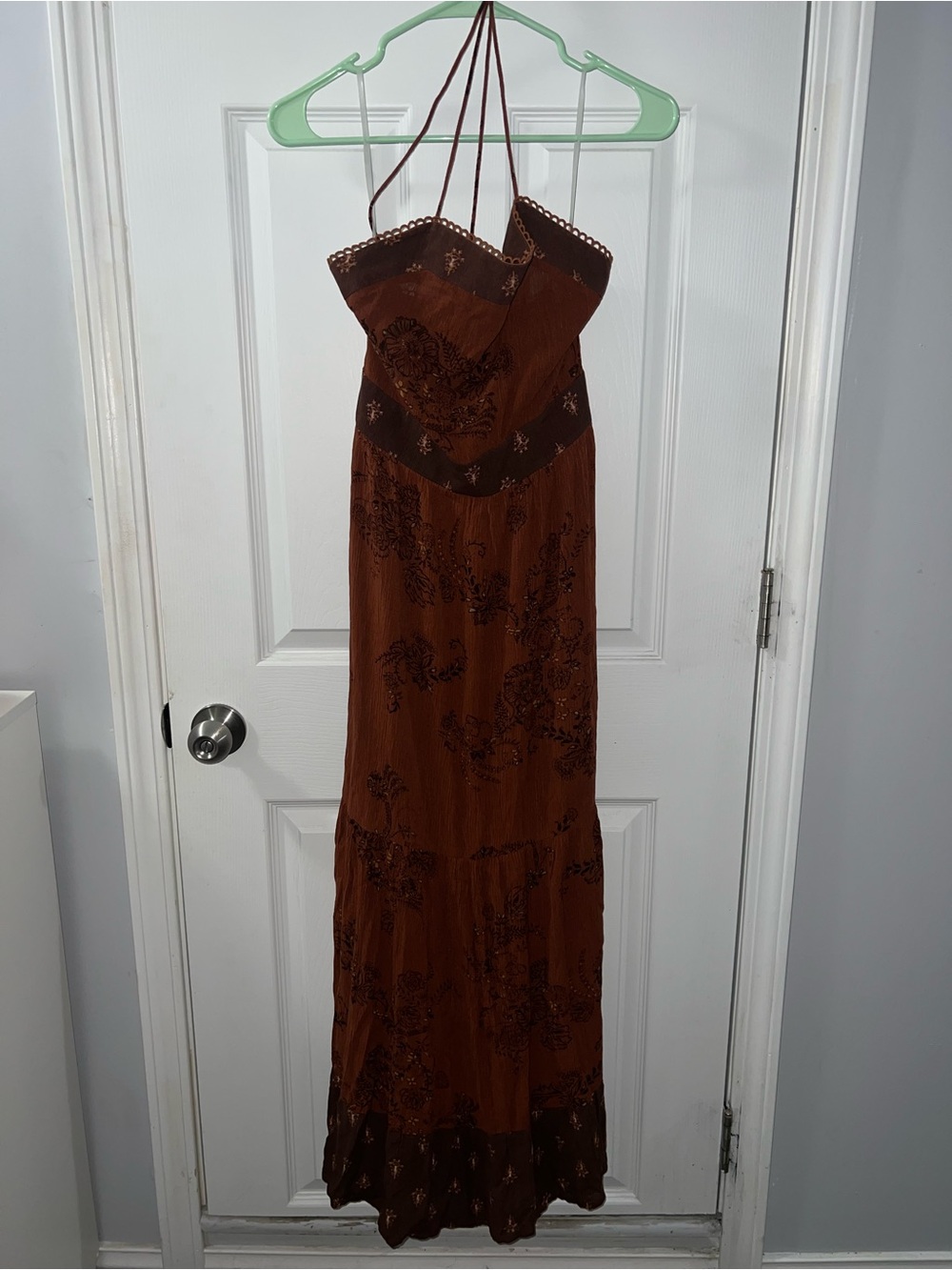 Brown Embroidered Halter Maxi Dress - Women's Dress